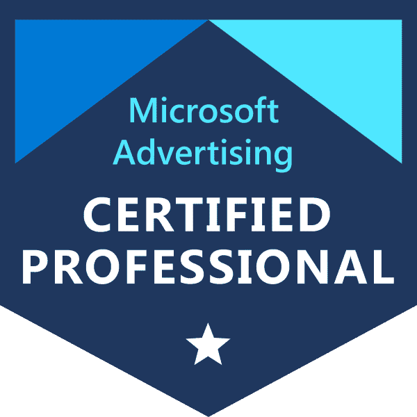 Abzeichen für 'Microsoft Advertising Certified Professional' mit einem Stern und abgestuften blauen Farbtönen im Hintergrund.