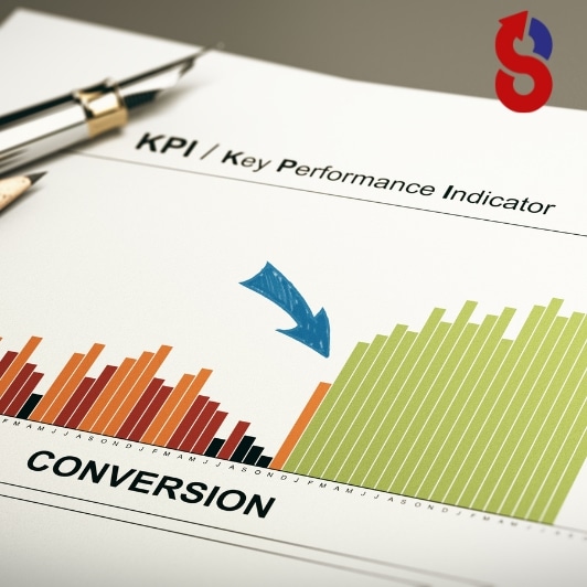 Grafik auf einem Dokument mit der Überschrift 'KPI / Key Performance Indicator' und einer farbigen Balkendiagramm-Darstellung, die eine positive Entwicklung der Conversion-Rate anzeigt.