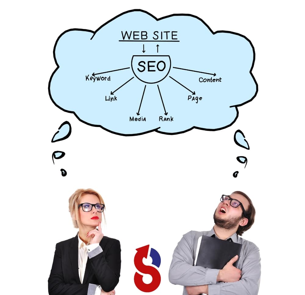 Zwei Geschäftsleute, eine Frau und ein Mann, schauen nachdenklich auf eine Gedankenblase, die die verschiedenen Aspekte der SEO Optimierung wie Keywords, Links, Content und Ranking für eine Webseite darstellt.