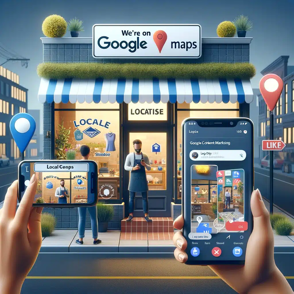 Kleiner Laden mit 'We're on Google Maps' Schild, Inhaber erstellt Marketingvideo, Kunden betrachten das Video auf ihren Handys vor dem Geschäft, mit Standort-Pins und Like-Button sichtbar.