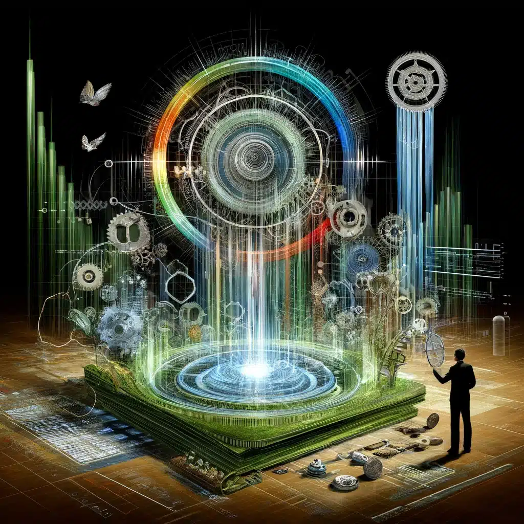 Dieses konzeptionelle Kunstwerk illustriert die Anpassung von SEO-Strategien an die neuesten Suchmaschinen-Algorithmen. Im Zentrum steht eine abstrakte Darstellung eines Webinterfaces in ständiger Veränderung, umgeben von dynamischen Strömen aus Code und algorithmischen Mustern, die in eine Webseite einfließen. Dies symbolisiert die fortlaufende Optimierung der Seite. Eine Figur, die einen SEO-Experten darstellt, justiert die Ströme und unterstreicht so die Bedeutung der Anpassungsfähigkeit und des Fachwissens im SEO-Bereich. Zahnräder, Zifferblätter und Graphen spiegeln den sorgfältigen Prozess der Überwachung und Aktualisierung der SEO-Strategien wider. Die Atmosphäre des Bildes ist von Proaktivität und einem modernen, technischen Verständnis geprägt, mit Anklängen von Grün, die Wachstum suggerieren und den langfristigen Online-Erfolg symbolisieren.