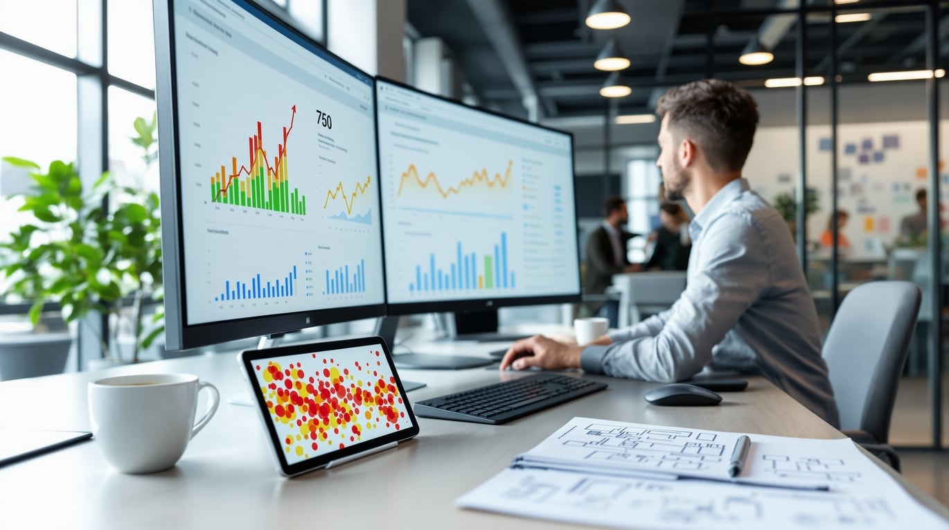 Ein Mann sitzt in einem modernen Büro und analysiert Daten auf drei Bildschirmen, darunter Balken-, Linien- und Streudiagramme. Im Vordergrund liegt ein Tablet mit einer Heatmap und auf dem Tisch sind Unterlagen mit Diagrammen zu sehen. Die Szene vermittelt professionelle Datenanalyse und digitale Optimierung.
