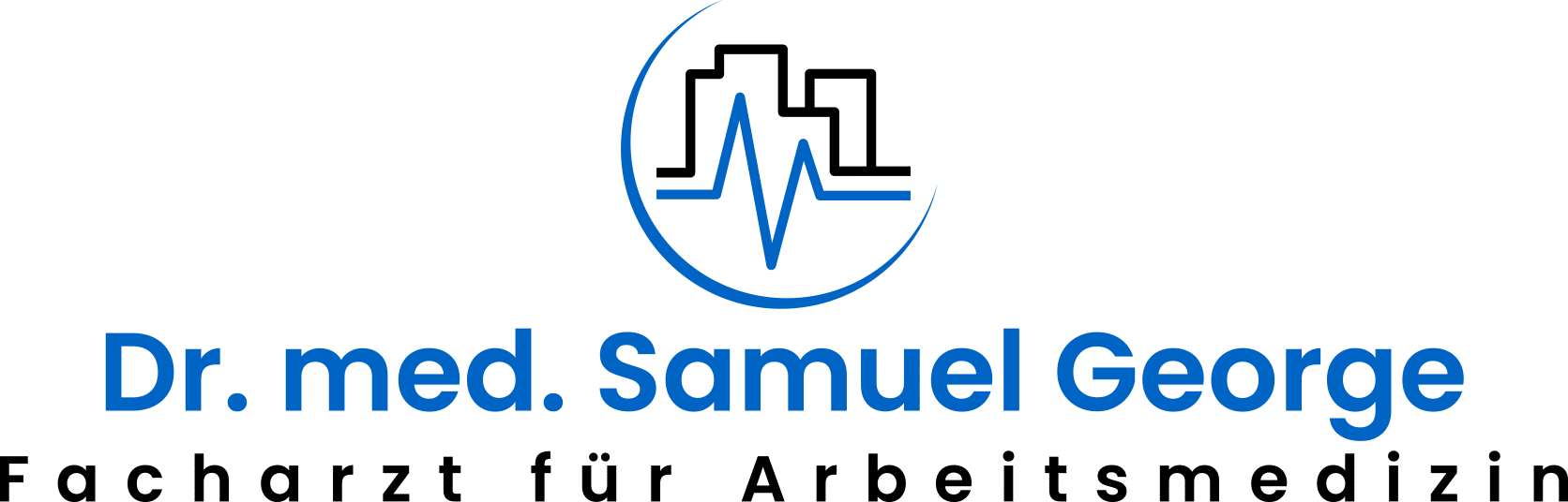 Logo mit stilisiertem Herzschlag und Skyline, Text: Dr. med. Samuel George, F...