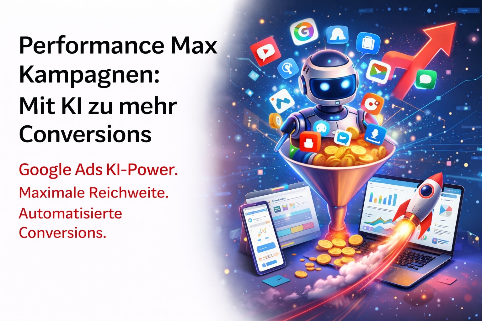 Performance Max Kampagnen – Google Ads Dashboard mit Kampagnen-Daten und Kanal-Verteilung