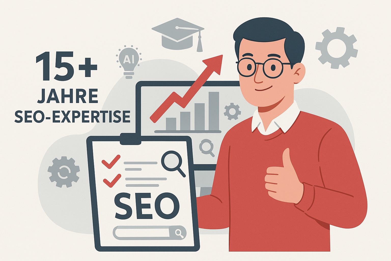 Illustration eines Mannes mit Daumen hoch, Text 15+ Jahre SEO-Expertise, Diagramme und SEO-Symbolik im Hintergrund.