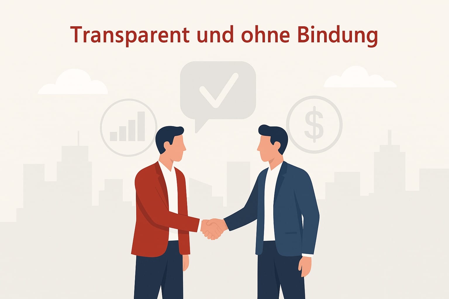 Zwei Geschäftspartner geben sich vor einem stilisierten Stadtbild die Hand. Das Bild steht für Transparenz und Vertragsfreiheit.