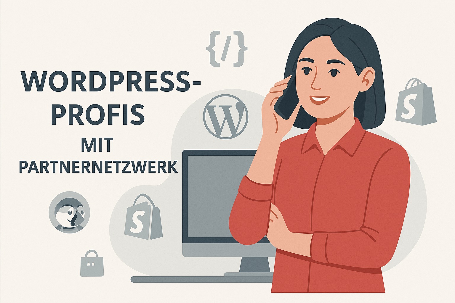 Eine WordPress-Expertin telefoniert vor einem Bildschirm mit WordPress-Logo. Rundherum schweben die Logos von Shopify, PrestaShop & Co – Symbol für technisches Know-how und Partnernetzwerk.
