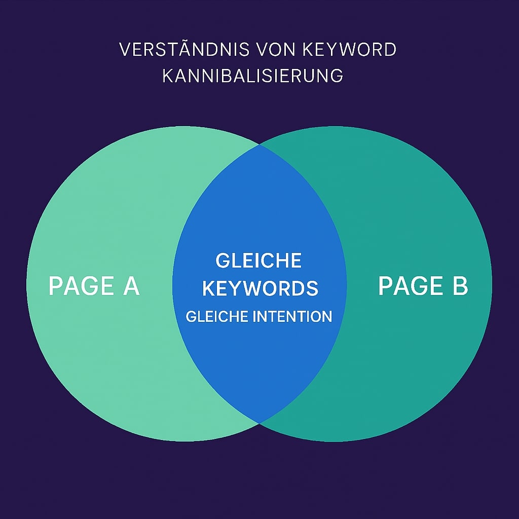 Venn-Diagramm, das die Beziehung zwischen Seiten A und B mit gleichen Keywords und Intention zeigt.