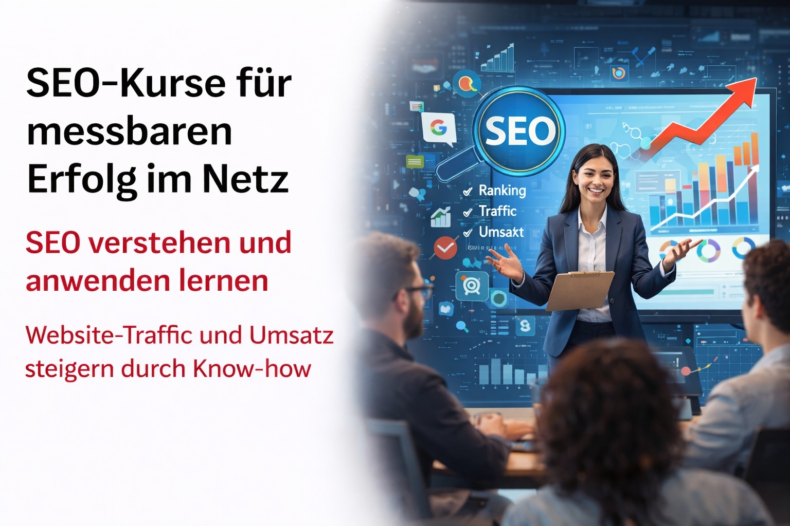 SEO-Kurs und Workshop – Teilnehmer arbeiten an Laptops und analysieren eine Website live mit SEO-Tools